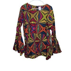 Kara Chic by NF Blouse Women's XL Colorful Flare Long Sleeve Shirt Top Artsy